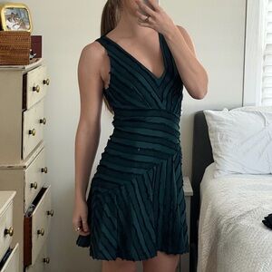 Rebecca Taylor Dark Green/Teal V-Neck Mini Dress